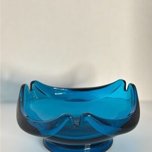 Vintage Viking Glass Bluenique Epic Scalloped Pedestal Bowl/Ashtray ~MCM